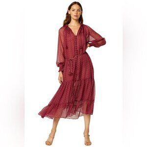 Misa LA Louisa Dress Cardinal Tile Long-Sleeve Sheer Maxi Tiered Skirt Sz M NWT